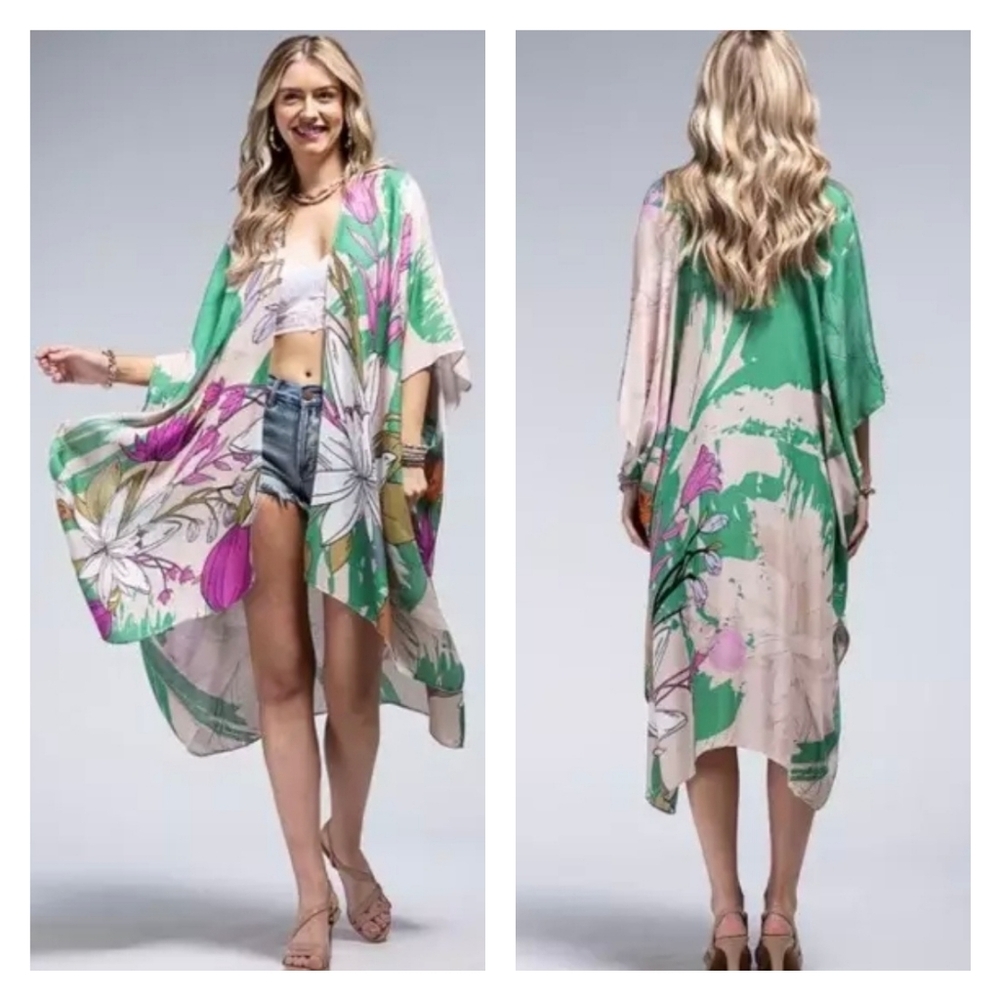 Macchia di Ruggine Tropical Floral Kimono Shawl Green Purple‎ Accents